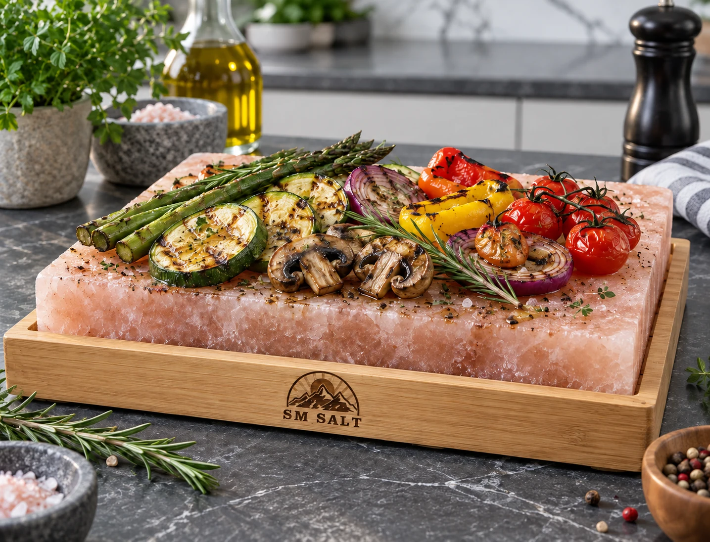 Himalayan cooking salt tile with grilled vegetables